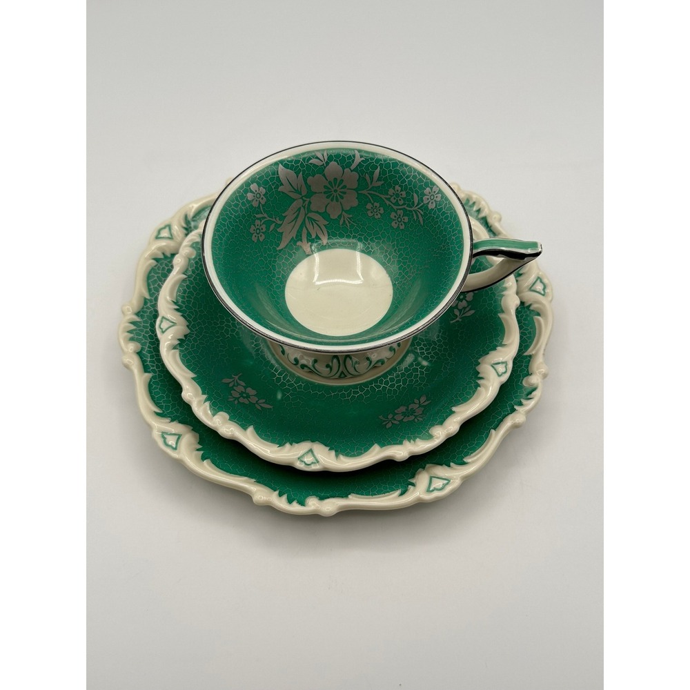 Vintage Seltmann Weiden Germany Emerald Green Silver Plated Floral Tea Cup Set